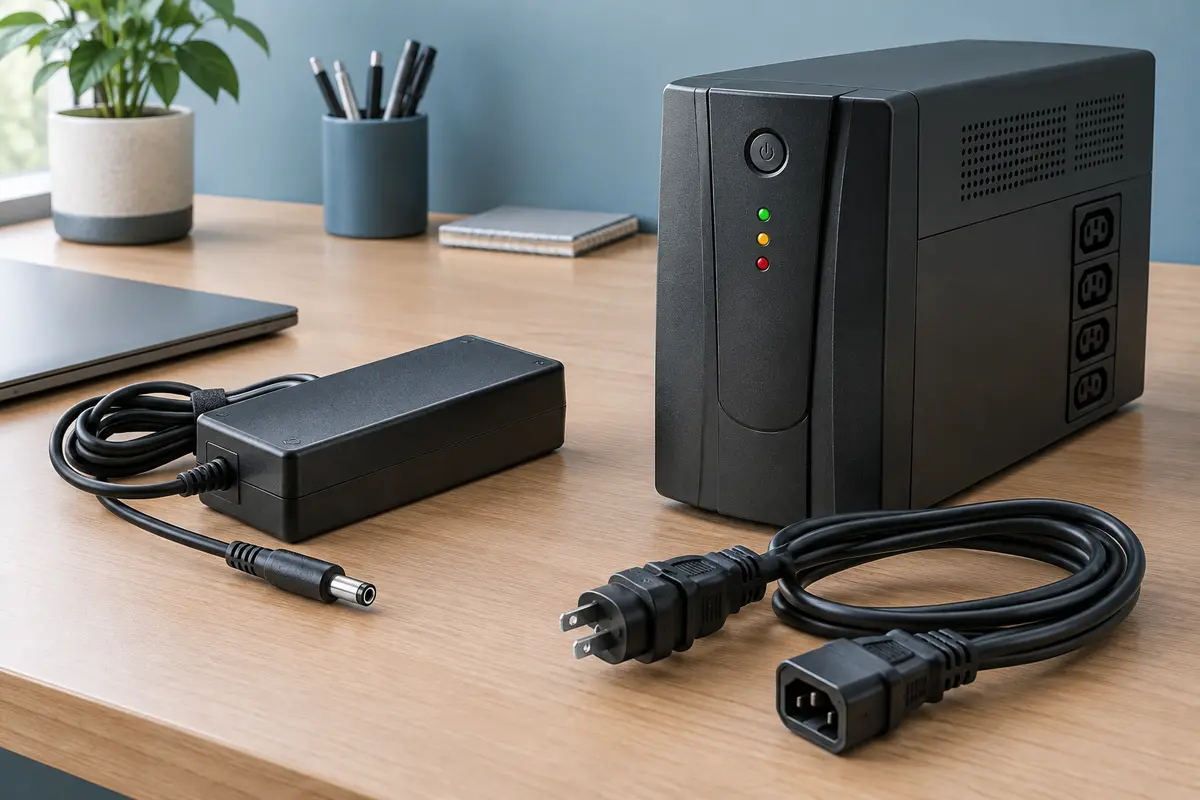 Chargeur d’ordinateur portable et onduleur présentés sur un bureau