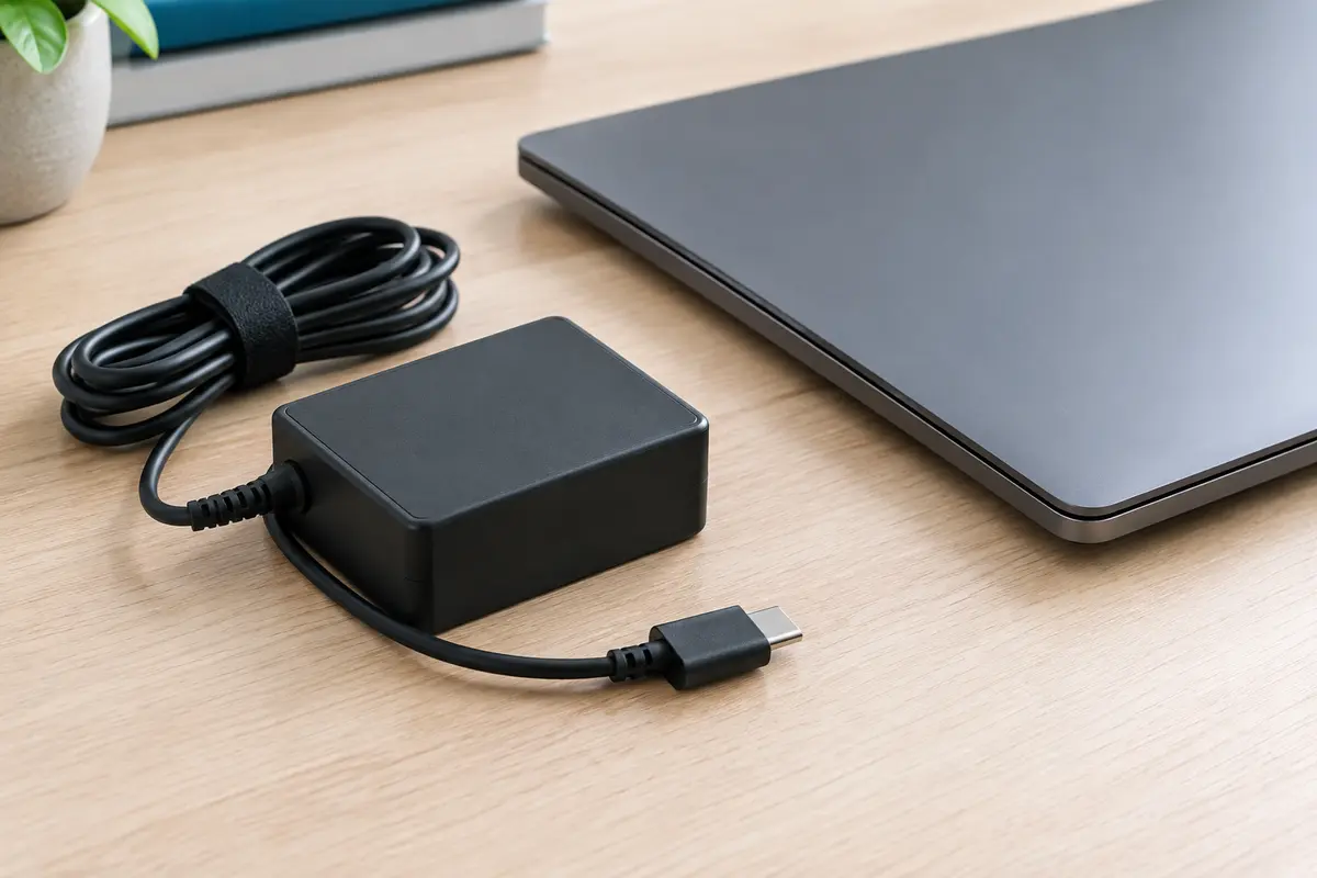 Chargeur pour ordinateur portable avec câble et connecteur visibles