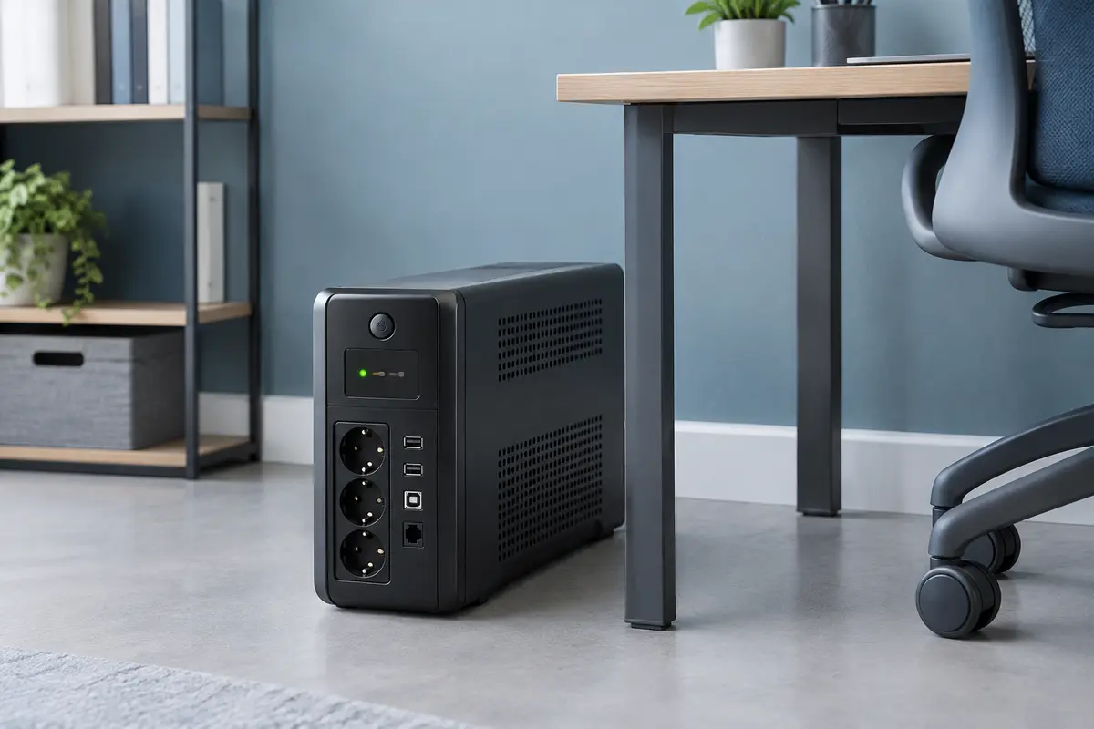 Onduleur informatique compact installé près d’un bureau