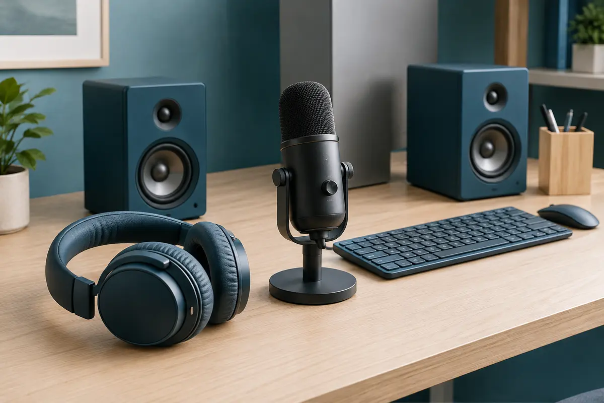 Casque, microphone et enceintes disposés autour d’un poste informatique
