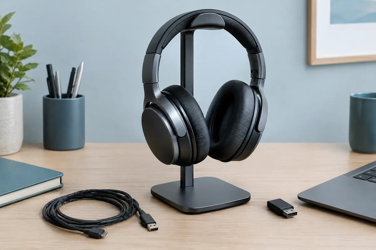 Casque audio pour ordinateur présenté sur un support de bureau clair