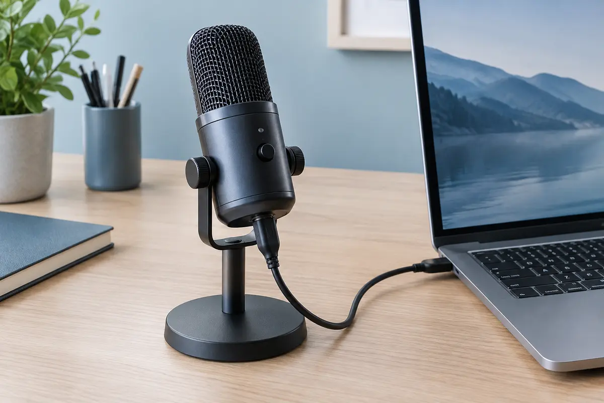 Microphone USB sur pied posé près d’un ordinateur de bureau