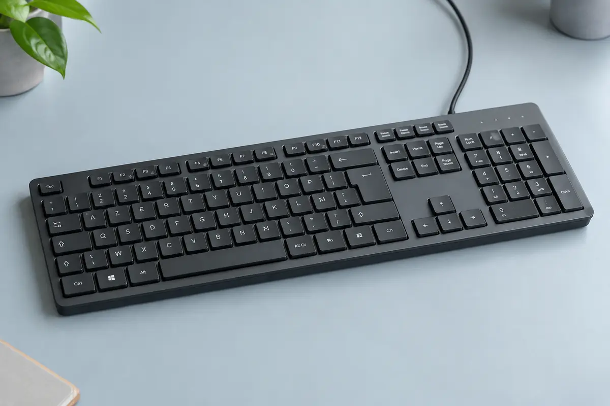 Clavier AZERTY posé sur un bureau clair, touches et boîtier visibles