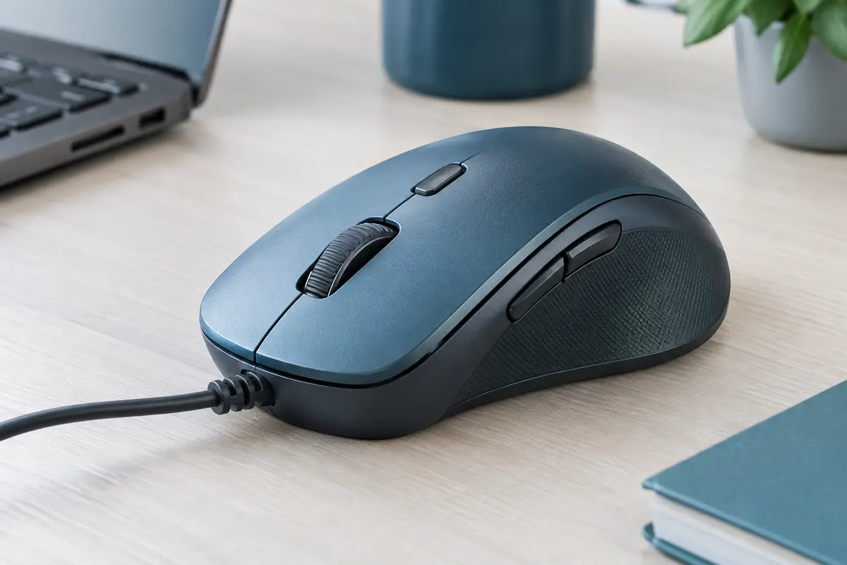 Souris d’ordinateur sur un bureau, molette et boutons bien visibles