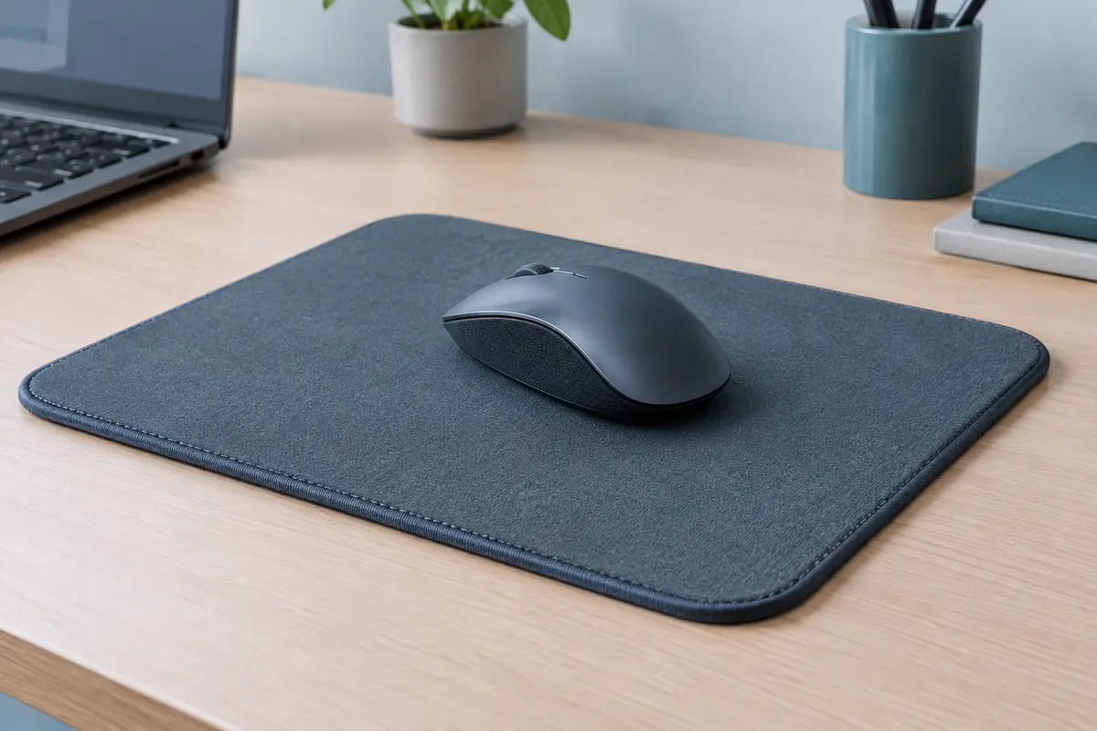 Tapis de souris et souris posés sur un bureau de travail clair