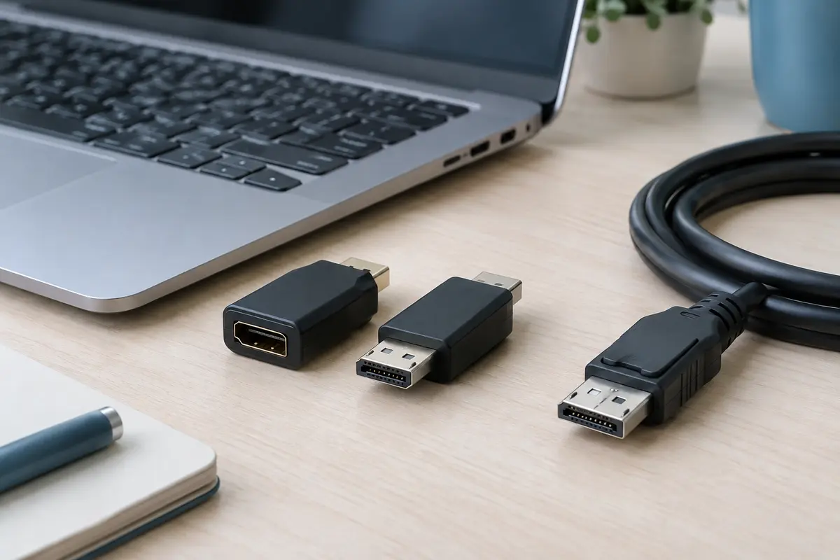 Adaptateurs vidéo HDMI et DisplayPort présentés près d’un câble écran