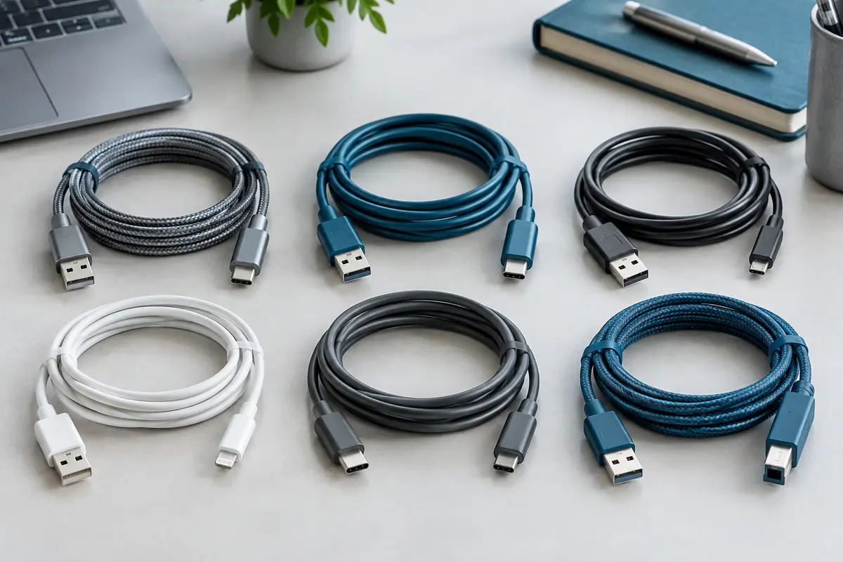 Câbles USB informatiques rangés, avec leurs connecteurs visibles