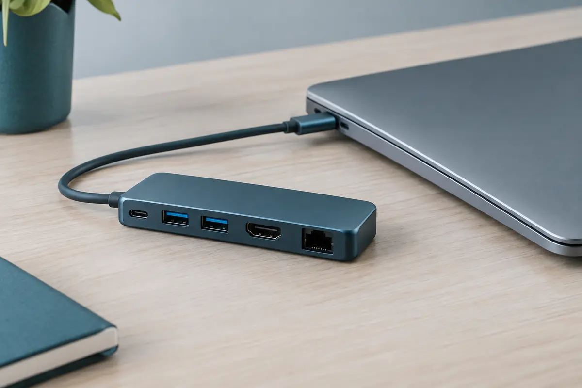 Hub USB à plusieurs ports posé près d’un ordinateur portable