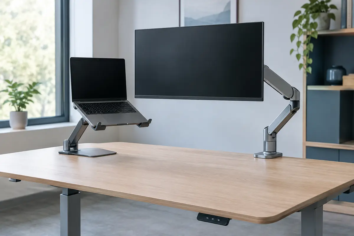 Support d’ordinateur portable et bras d’écran installés sur un bureau