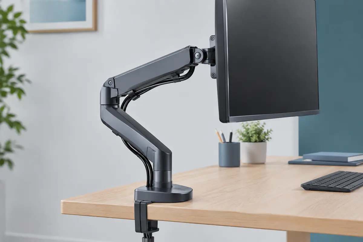 Bras articulé tenant un écran éteint au-dessus d’un bureau