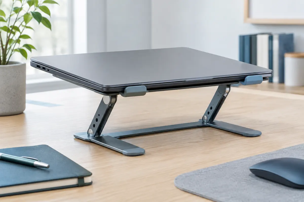 Ordinateur portable fermé posé sur un support de bureau réglable