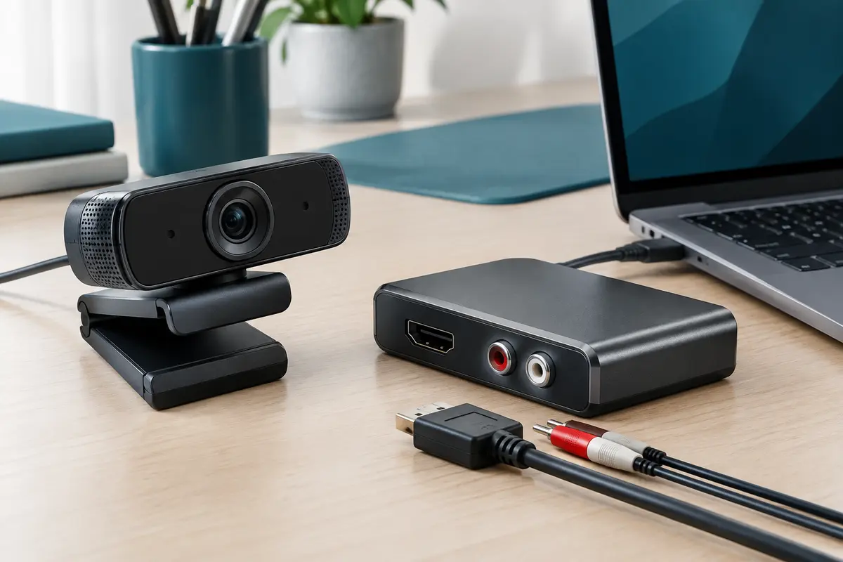 Webcam USB et carte d’acquisition vidéo sur un bureau informatique