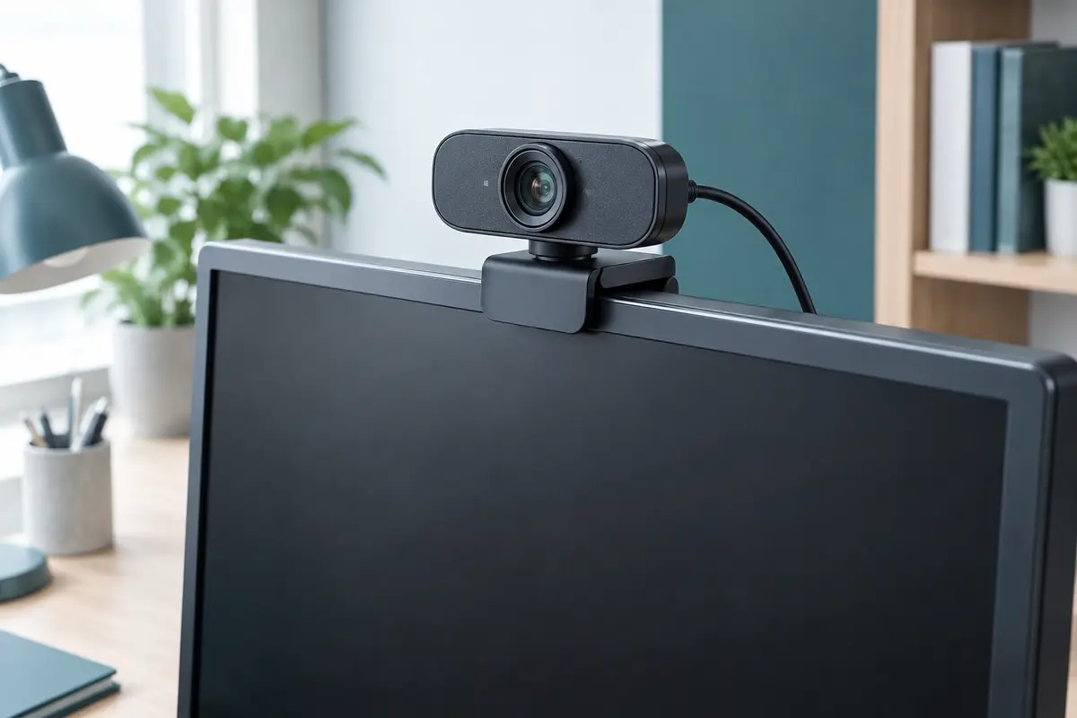 Webcam USB fixée au bord supérieur d’un écran d’ordinateur