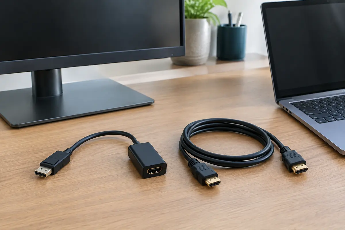 Adaptateur vidéo DisplayPort vers HDMI posé près d’un écran et d’un ordinateur portable