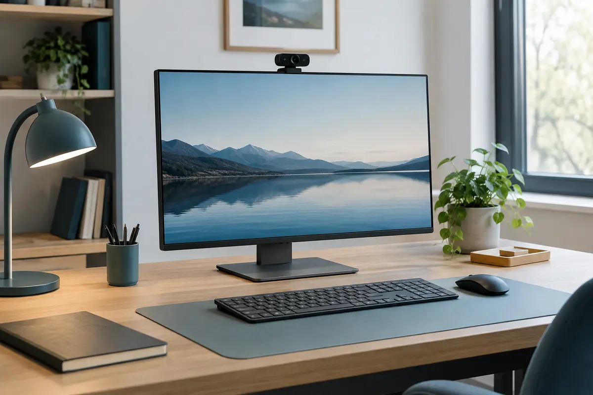 Webcam USB placée au sommet d’un écran, avec une lampe orientée vers l’avant et une fenêtre sur le côté.