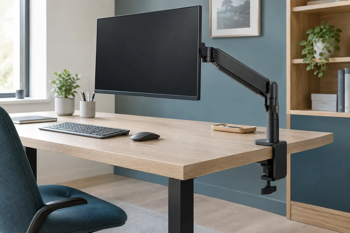 Écran fixé sur un bras articulé à pince, avec le serrage visible sous le plateau du bureau