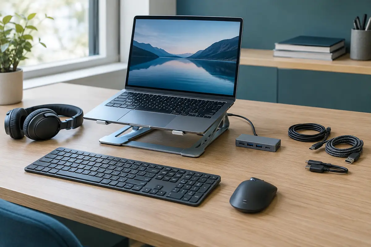 Poste informatique organisé avec clavier, souris, casque, hub USB et support pour ordinateur portable