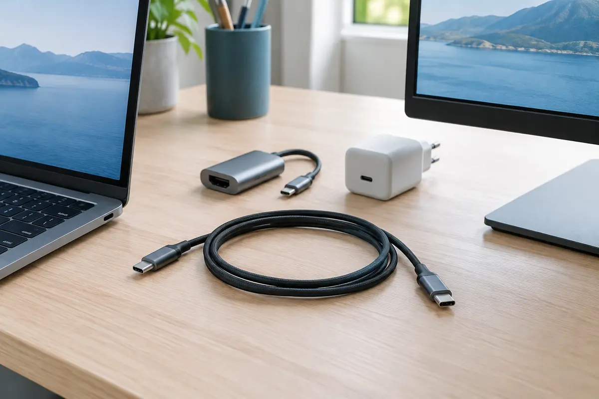 Câble USB-C posé entre un ordinateur portable et un écran, avec un chargeur et un adaptateur à proximité.