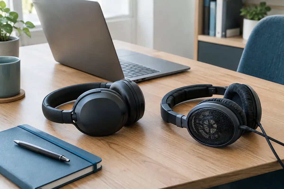 Deux casques PC, l’un ouvert et l’autre fermé, posés près d’un ordinateur sur un bureau