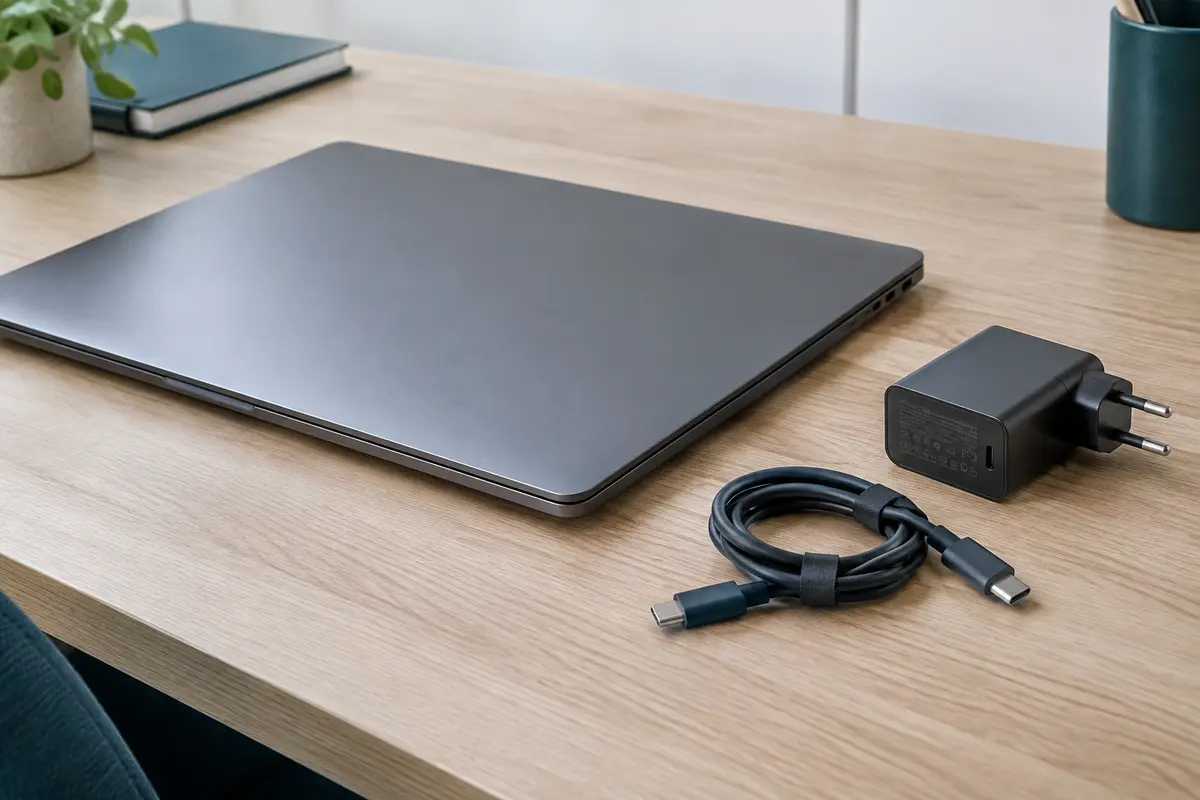 Ordinateur portable et chargeurs séparés sur un bureau, prêts à comparer leurs connecteurs et caractéristiques.