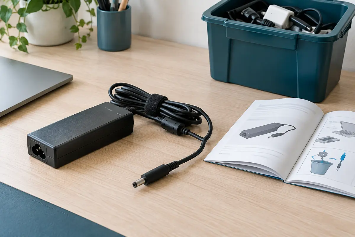 Chargeur de PC portable et câble inspectés sur un bureau, avec notice et bac de collecte électrique