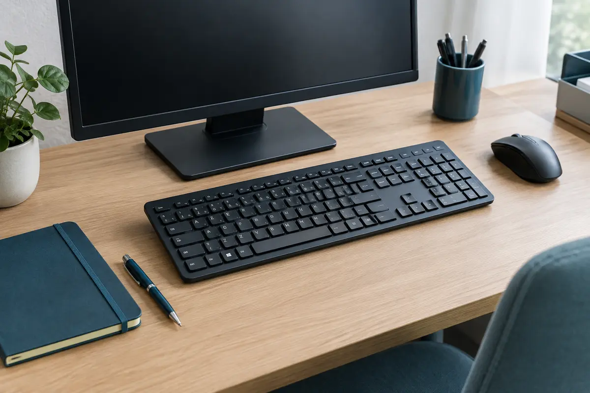 Clavier PC français AZERTY et souris installés sur un bureau compact et organisé