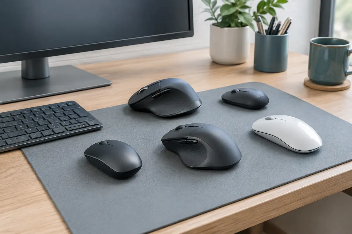 Plusieurs souris d’ordinateur de formes et de tailles différentes disposées sur un bureau