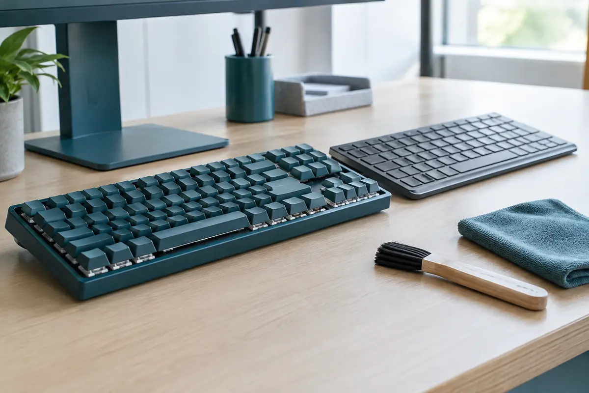 Deux claviers de bureau, mécanique et à membrane, posés près d’un chiffon et d’un pinceau de nettoyage.