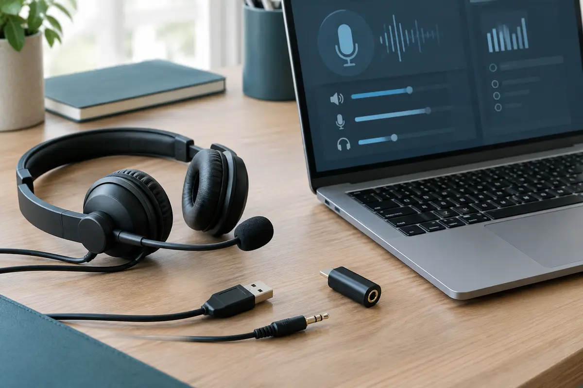 Casque avec microphone, prises USB et jack et adaptateur audio posés près d’un ordinateur portable