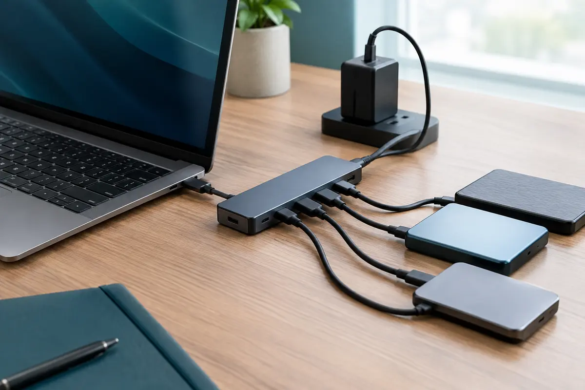 Un ordinateur portable relié à un hub USB alimenté par secteur et à plusieurs disques externes