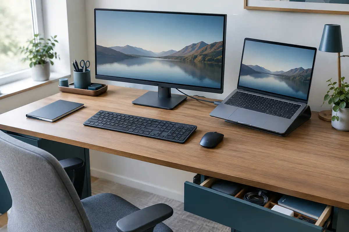 Bureau organisé avec écran externe, portable sur support, périphériques dégagés et câbles rangés