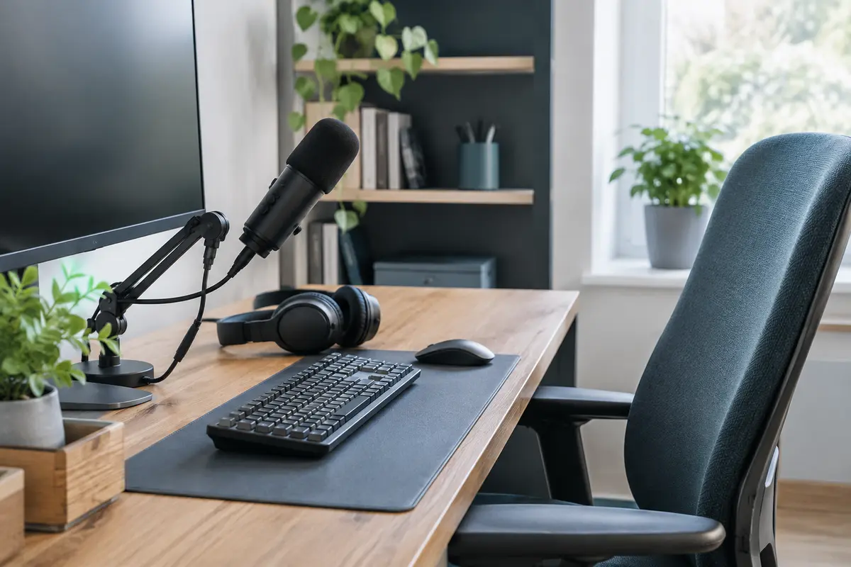 Microphone USB placé sur le côté d’un clavier sur un bureau de télétravail