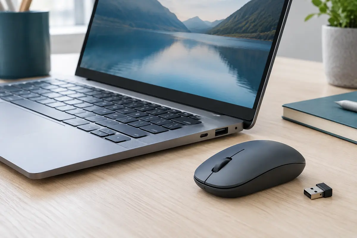 Souris sans fil et récepteur USB près d’un ordinateur portable doté de ports USB-A et USB-C.