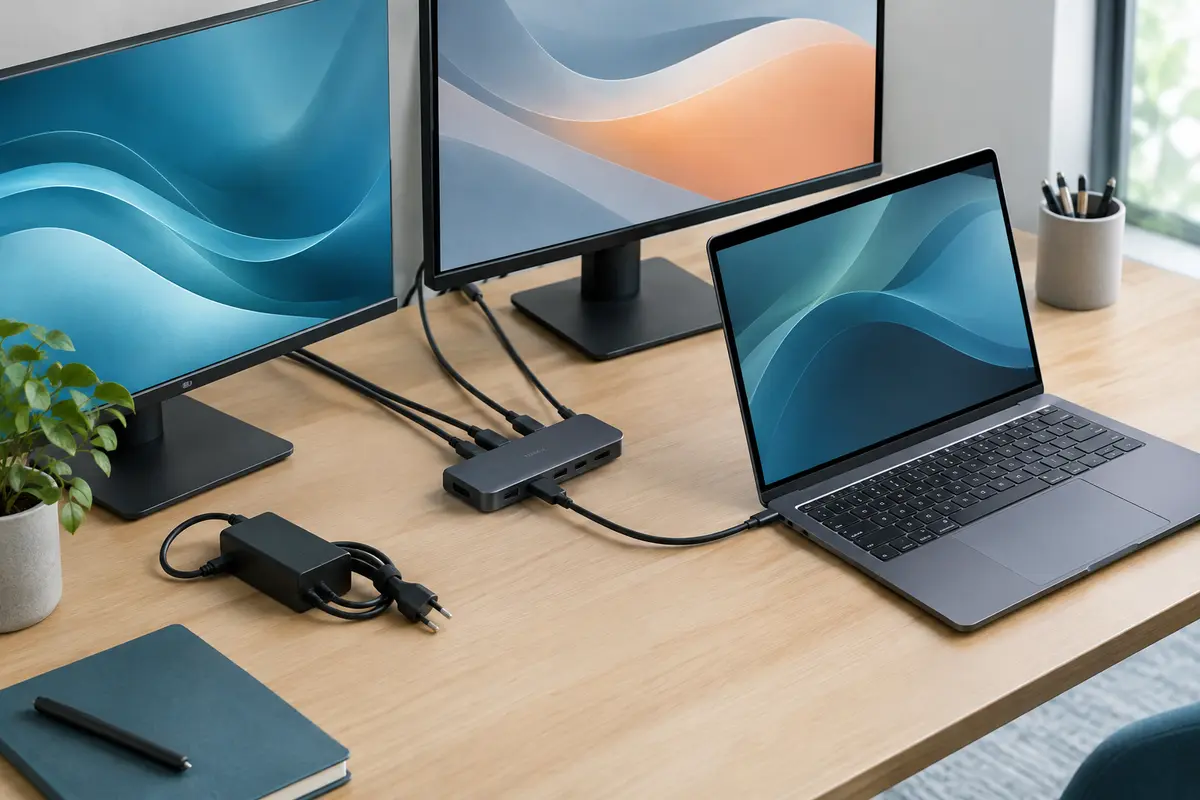 Un ordinateur portable relié par USB-C à une station d’accueil et à deux écrans externes