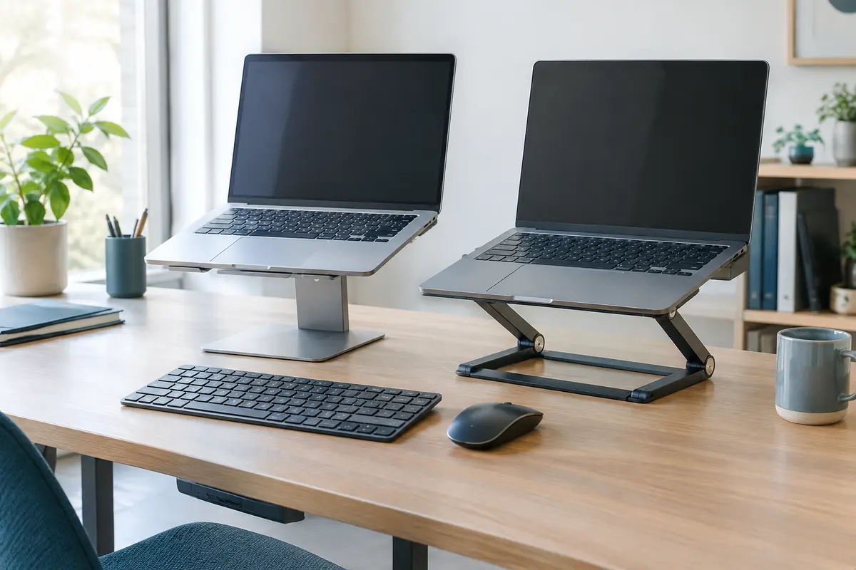 Deux ordinateurs portables sur des supports fixe et réglable, avec un clavier externe posé sur le bureau.
