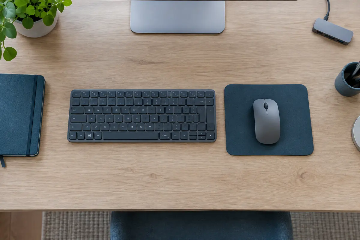 Petit bureau organisé montrant un tapis de souris compact placé à côté d’un clavier et d’accessoires.