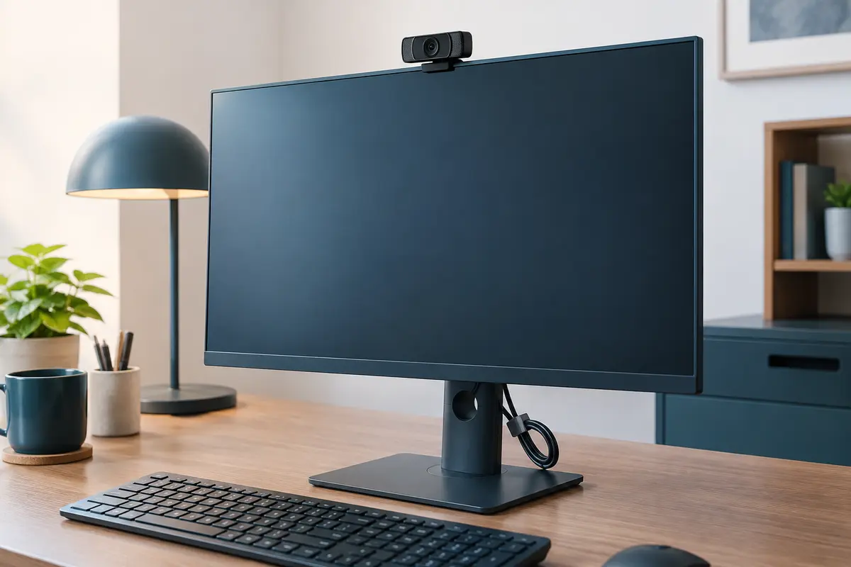 Webcam USB fixée sur un écran de bureau, face à un éclairage doux et à un arrière-plan dégagé