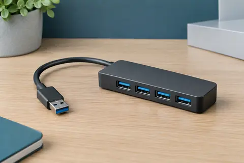 Hub USB Acer à quatre ports posé sur un bureau clair, avec son câble court et ses connecteurs visibles.