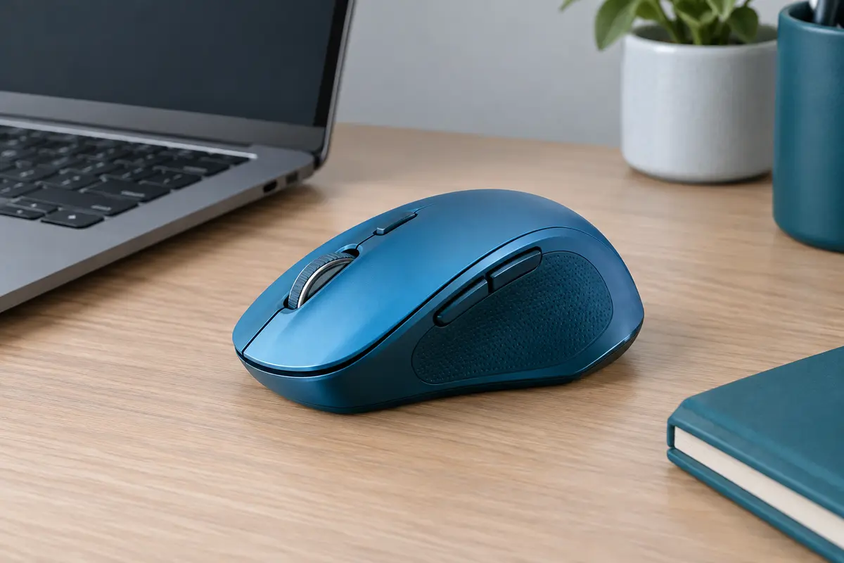 Souris sans fil ergonomique bleue à six boutons posée sur un bureau en bois clair.