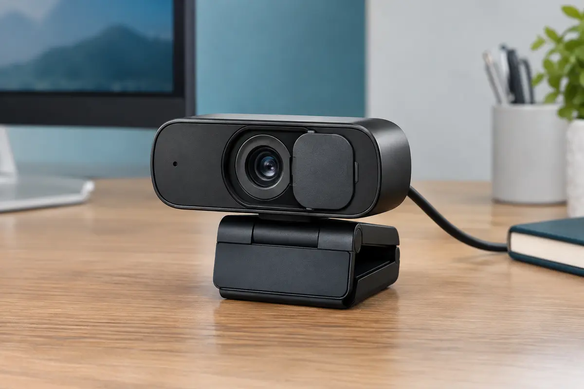 Webcam noire Acer A640 avec objectif visible, posée sur un bureau en bois clair