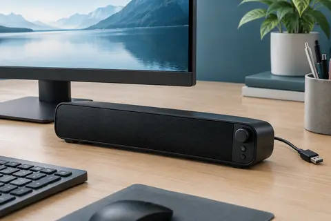 Mini-barre de son Adelgo noire en plastique posée sur un bureau avec son câble USB visible.