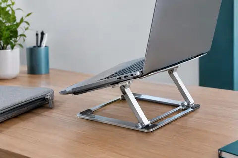 Support pliable en aluminium argenté pour ordinateur portable, incliné sur un bureau en bois