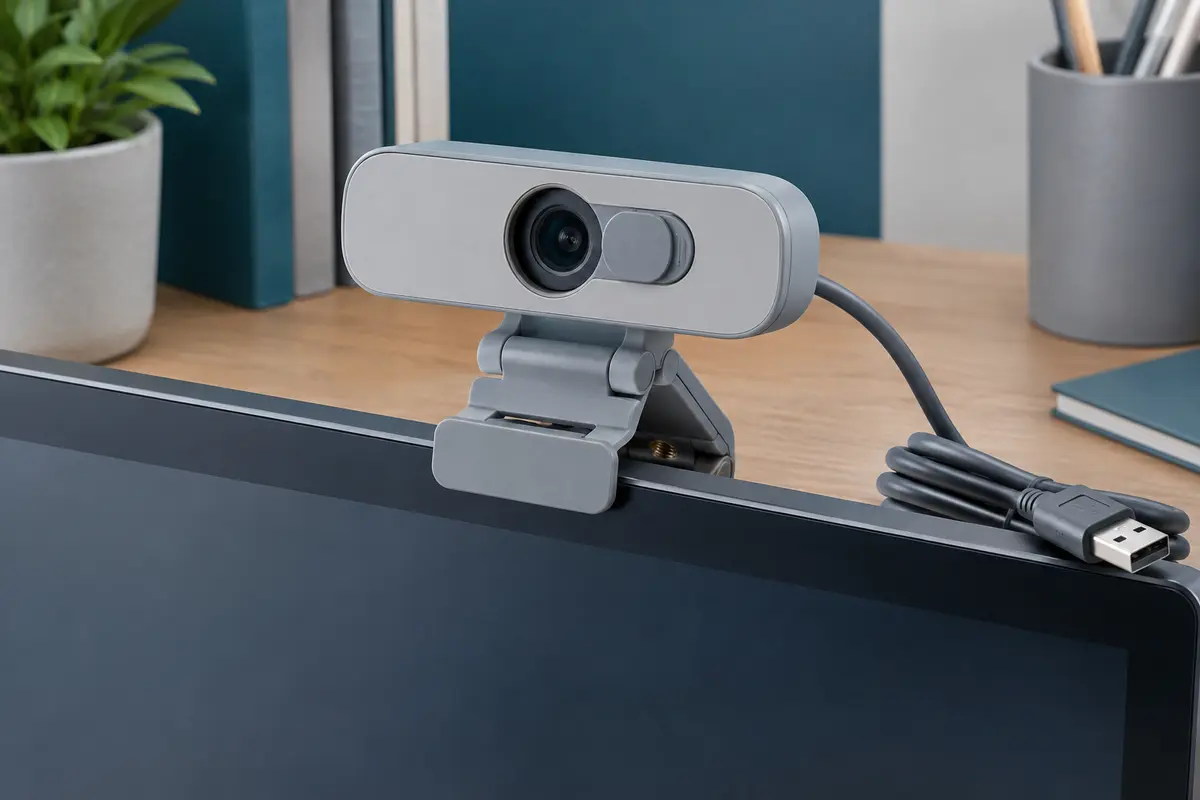 Webcam Angetube grise avec cache d’objectif et support pliable, posée sur un écran de bureau