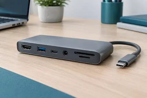 Hub USB-C compact gris avec ports HDMI, USB-A, USB-C et emplacements pour cartes sur un bureau