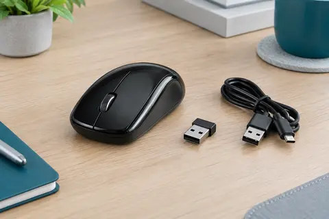 Souris sans fil noire au profil fin, avec récepteur USB et câble micro USB sur un bureau sobre