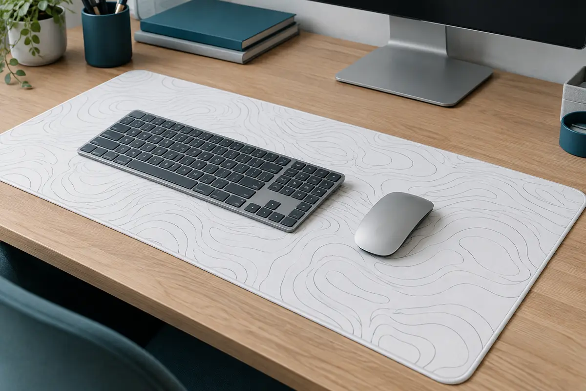 Tapis de souris blanc à motif topographique posé sur un bureau avec un clavier et une souris.