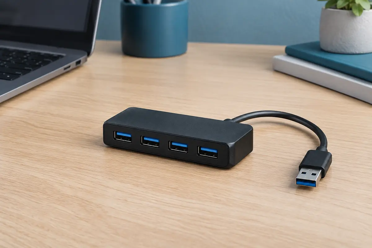 Hub USB noir compact à quatre ports posé sur un bureau clair en bois naturel