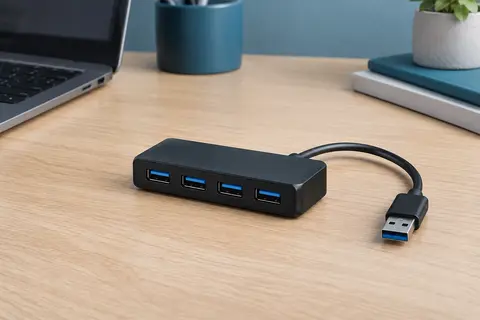 Hub USB noir compact à quatre ports posé sur un bureau clair en bois naturel