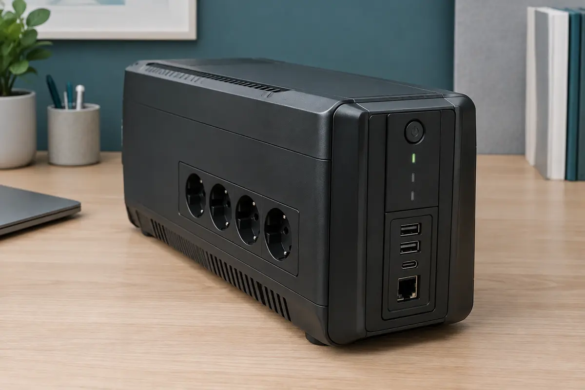 Onduleur noir avec prises de secours, ports USB-A et USB-C et connexion réseau RJ-45