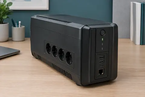 Onduleur noir avec prises de secours, ports USB-A et USB-C et connexion réseau RJ-45